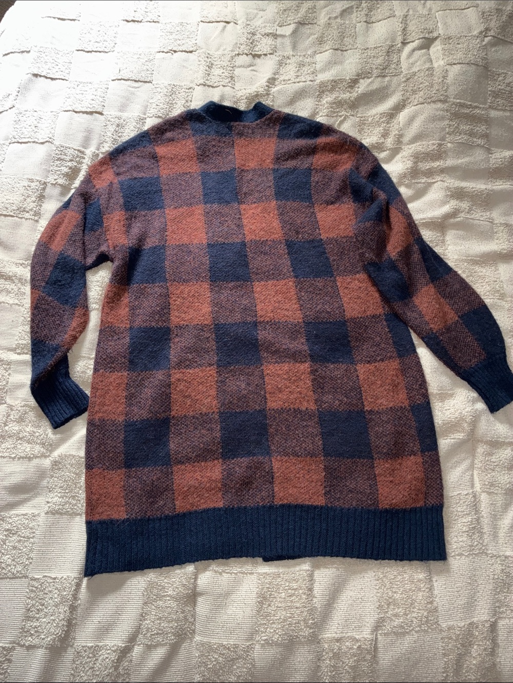 American Eagle Outfitters Navy and Rust Plaid Open-Front Cardigan - Picture 6 of 6